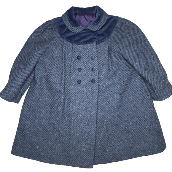 Vintage Girls Coat Size 5 Blue Wool Tweed Velvet Collar Made USA Lined 60s 70s - Picture 1 of 7